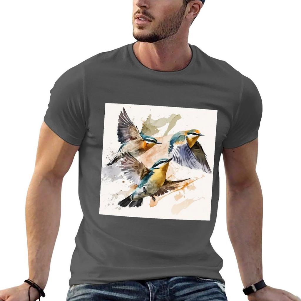 bird group flying watercolor TShirt Festival Casual Short Sleeve