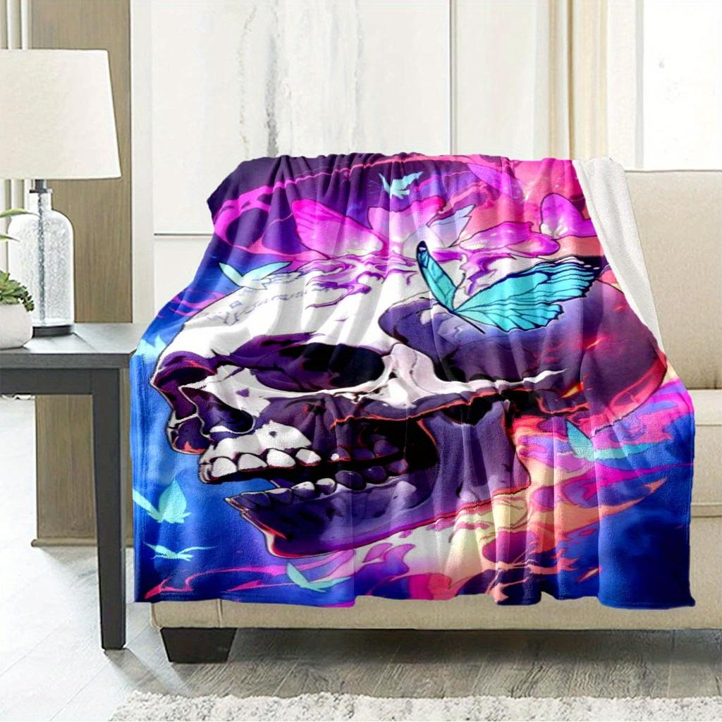 1 Piece Blanket Purple Blue Skull Car Interior Blanket Suitable For All Seasons Cozy Warm Soft Blanket Suitable For Sofa Bed Travel Camping Living