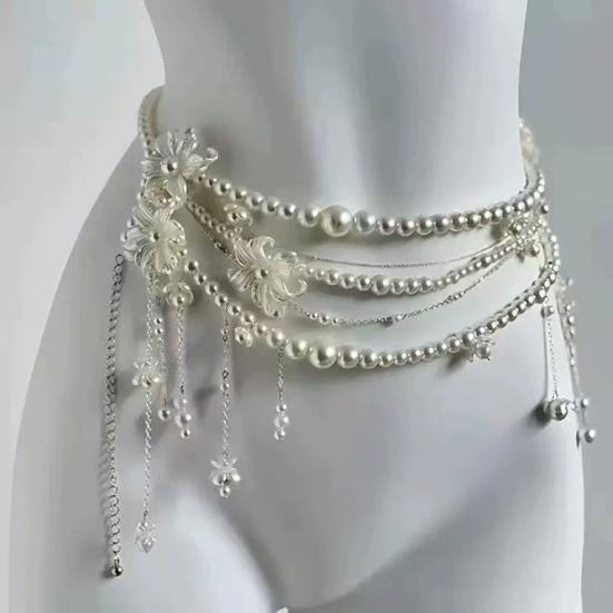 Women Waist Chain Multi Layer Faux Pearls Tassel Design Belt Chain Jeans Skirts Dresses Versatile Accessory