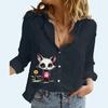 Женская мода хлопок льняная рубашка с принтом кота топ с длинными рукавами женская повседневная блузка на пуговицах