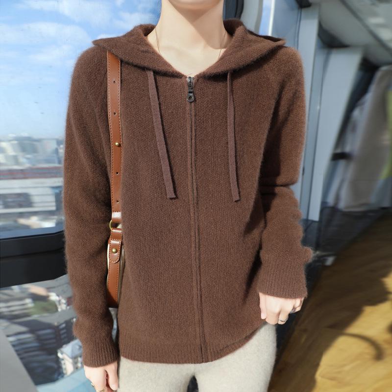 Women's Honeycomb Zipper Wool Hoodie: Autumn/Winter Slimming Long Sleeve Cardigan, Solid Color Knitwear.