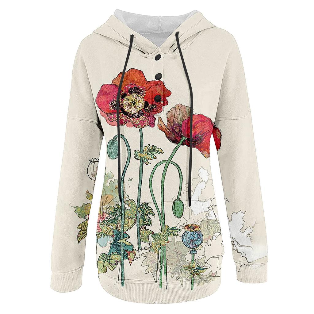 Женский повседневный модный пуловер с длинным рукавом и цветочным принтом, топ с капюшоном
