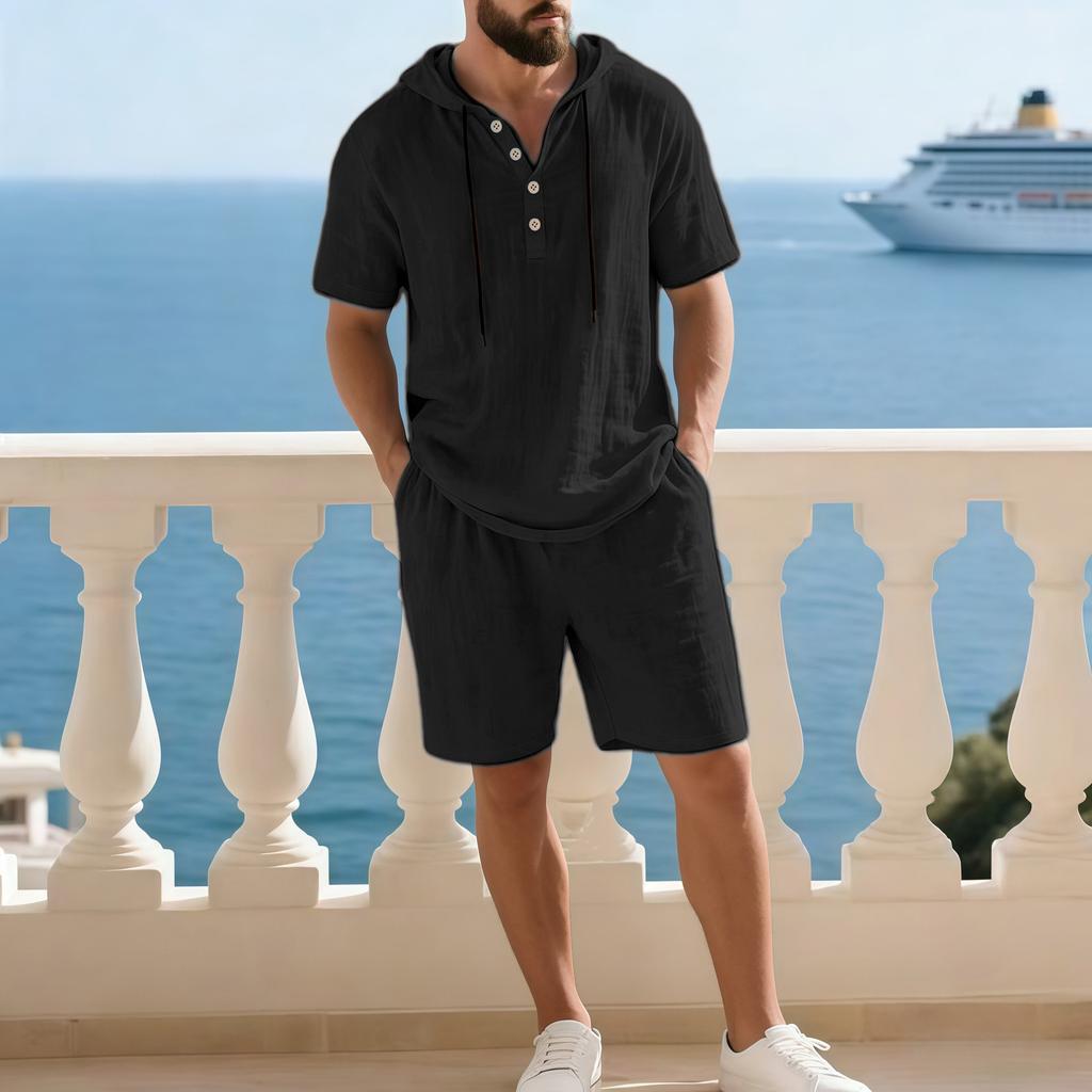 Men Solid Color Loose Hooded Short Sleeve Shorts Casual Two Piece Set