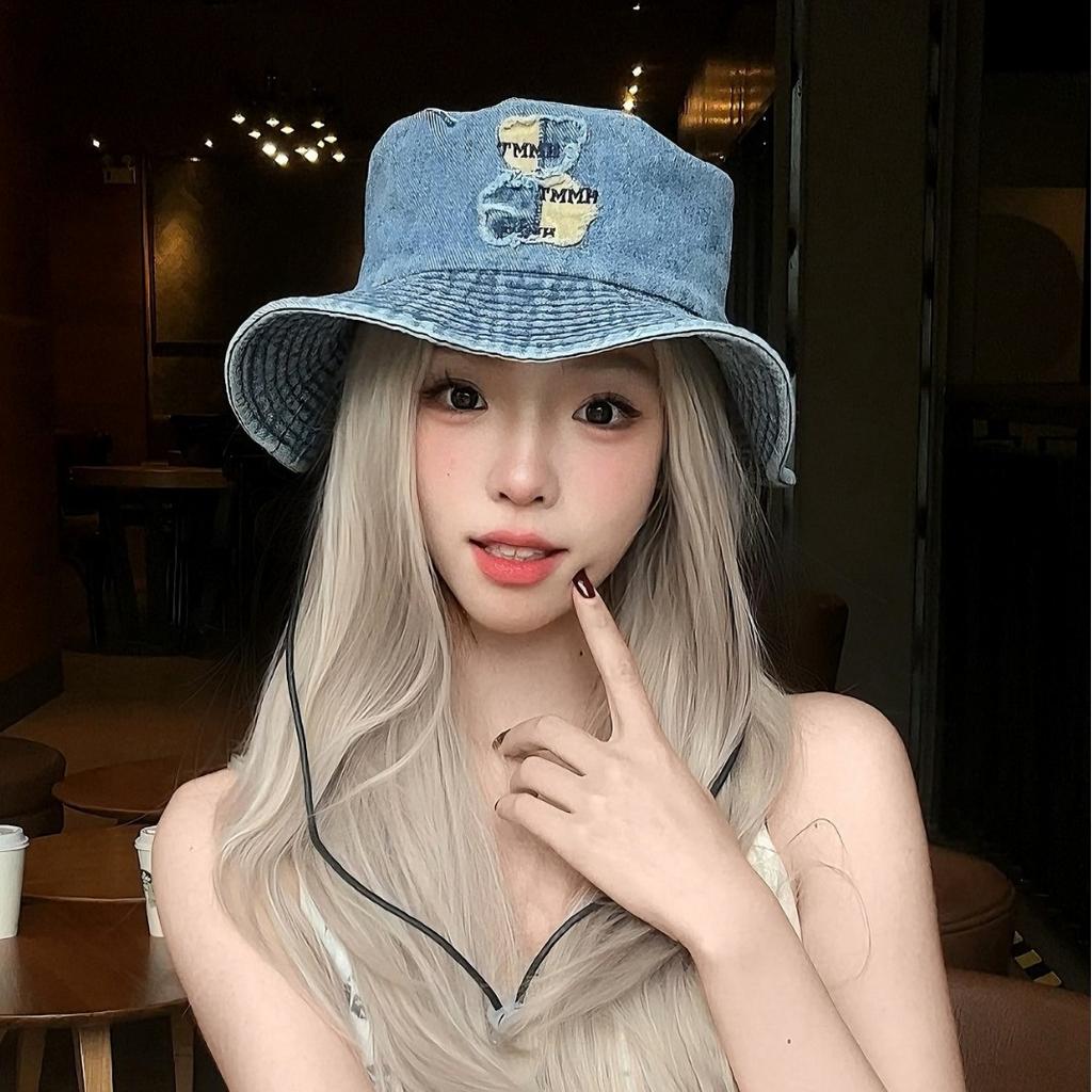 Уличная шляпа-ведро из денима с эффектом потертости от медведя, женская весенне-летняя шляпа с большими полями, солнцезащитная шляпа с большой окружностью головы и маленьким лицом