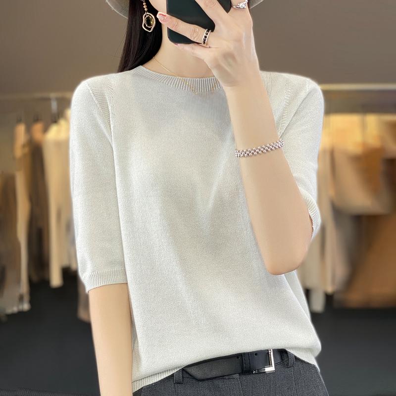 Женская летняя футболка с коротким рукавом, 50% шелка тутового дерева и полиэстера | Легкий дышащий облегающий повседневный топ