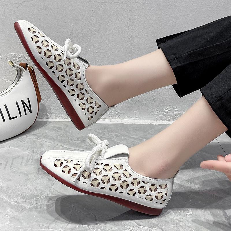 Новинка 2024 года, удобная обувь ручной работы, туфли на плоском каблуке и мягкой подошве, женские сандалии на полой аэродинамической трубе, повседневная женская обувь на плоской подошве