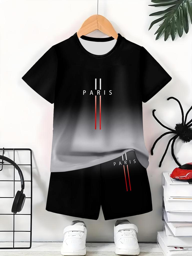 Kids Clothes Paris Letter Theme Gradient Printed Set for Boys 2-10Y Summer Outdoor Children's Casual Fashion Streetwear Outfit