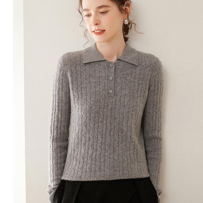 Women's Cashmere Cable Knit Polo Collar Pullover - Long Sleeve, Warm, Fashionable, Versatile Autumn/Winter Base Layer Top.