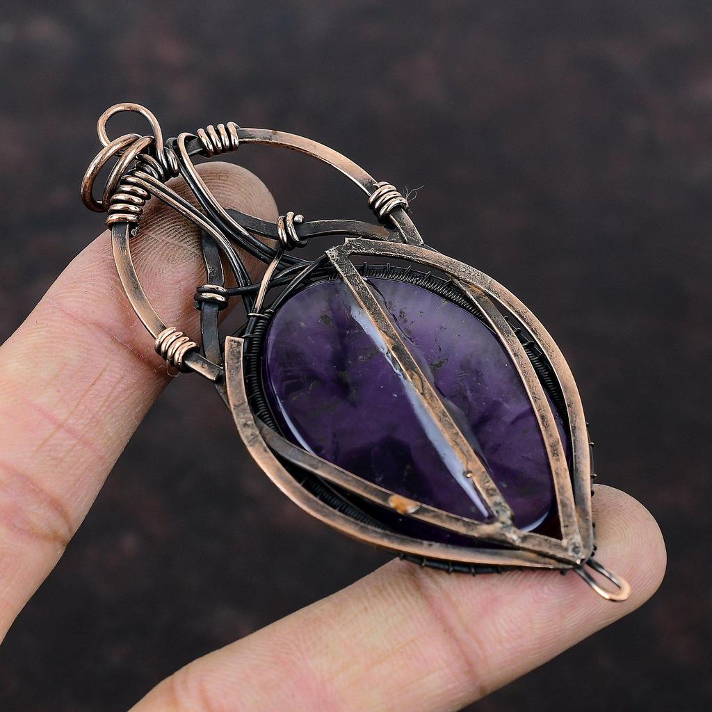 Подвеска со звездным аметистом, обернутая медной проволокой, оригинальный кулон с драгоценным камнем, изящный кулон ручной работы, обернутый медной проволокой, ювелирное украшение в подарок маме
