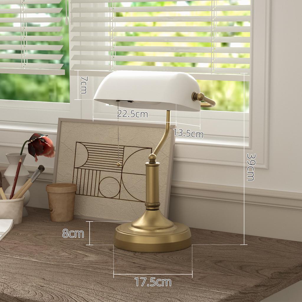 Banker s Desk Lamp With Antique Bronze Tone Base Table Lamp With White Glass Shade For Home Office White