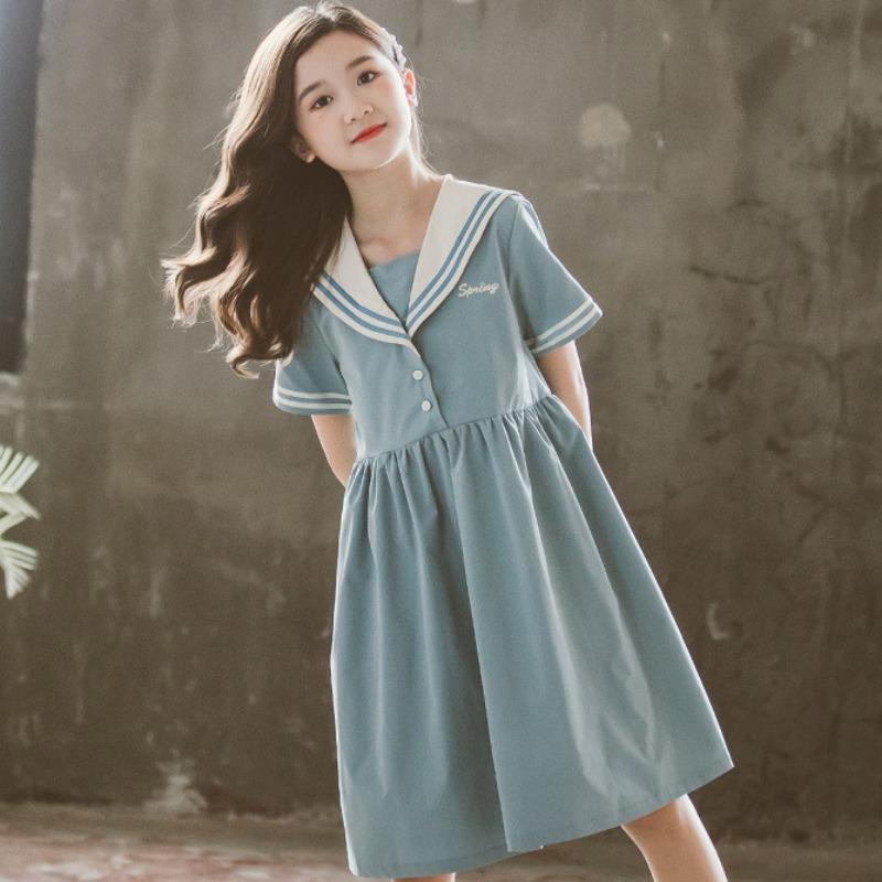 Весна и лето Новое платье принцессы с коротким рукавом и воротником для девочек