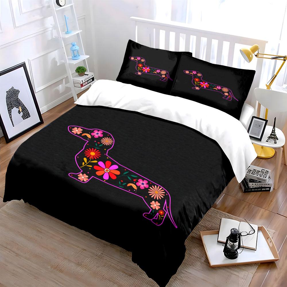 Colorful Floral Dachshund Design Set Bedding Set with 1 Duvet Cover 2 Pillowcases Single Double King Queen, Gift