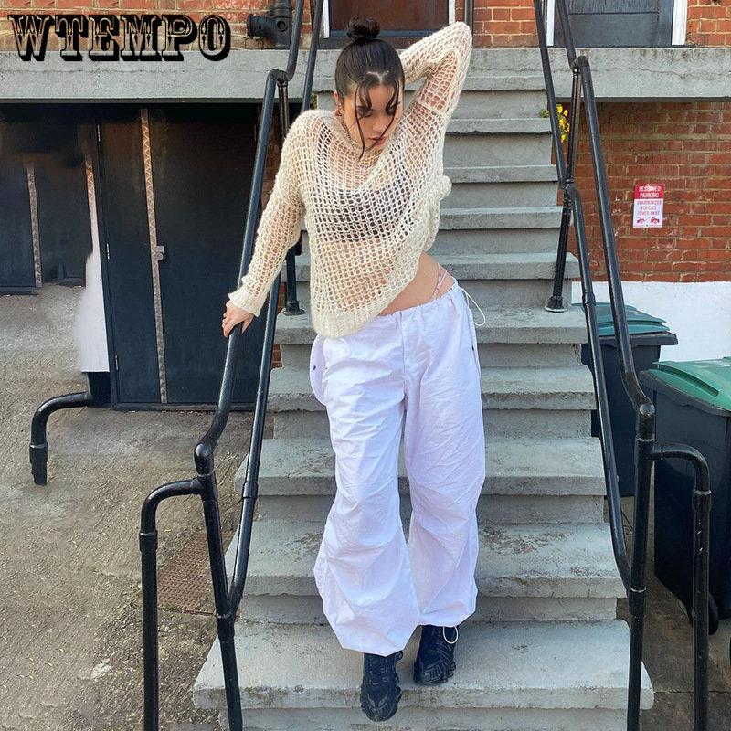 WTEMPO Женские повседневные мешковатые широкие спортивные штаны, винтажные однотонные брюки на шнурке, свободные уличные брюки Y2K, брюки-карго для бега