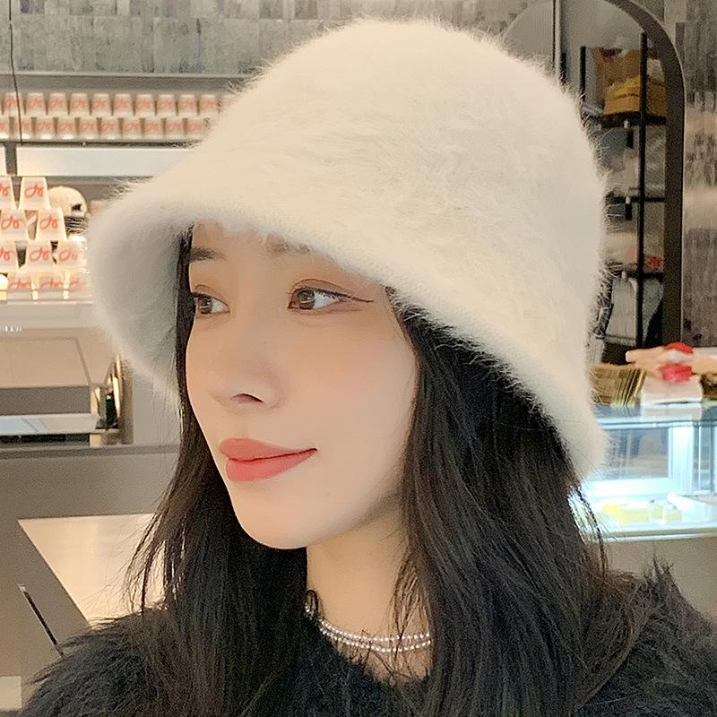 Autumn Winter Big Head Circumference Rabbit Hair Bucket Knitted Hat Women's Korean Velvet Basin Hats Warm Caps