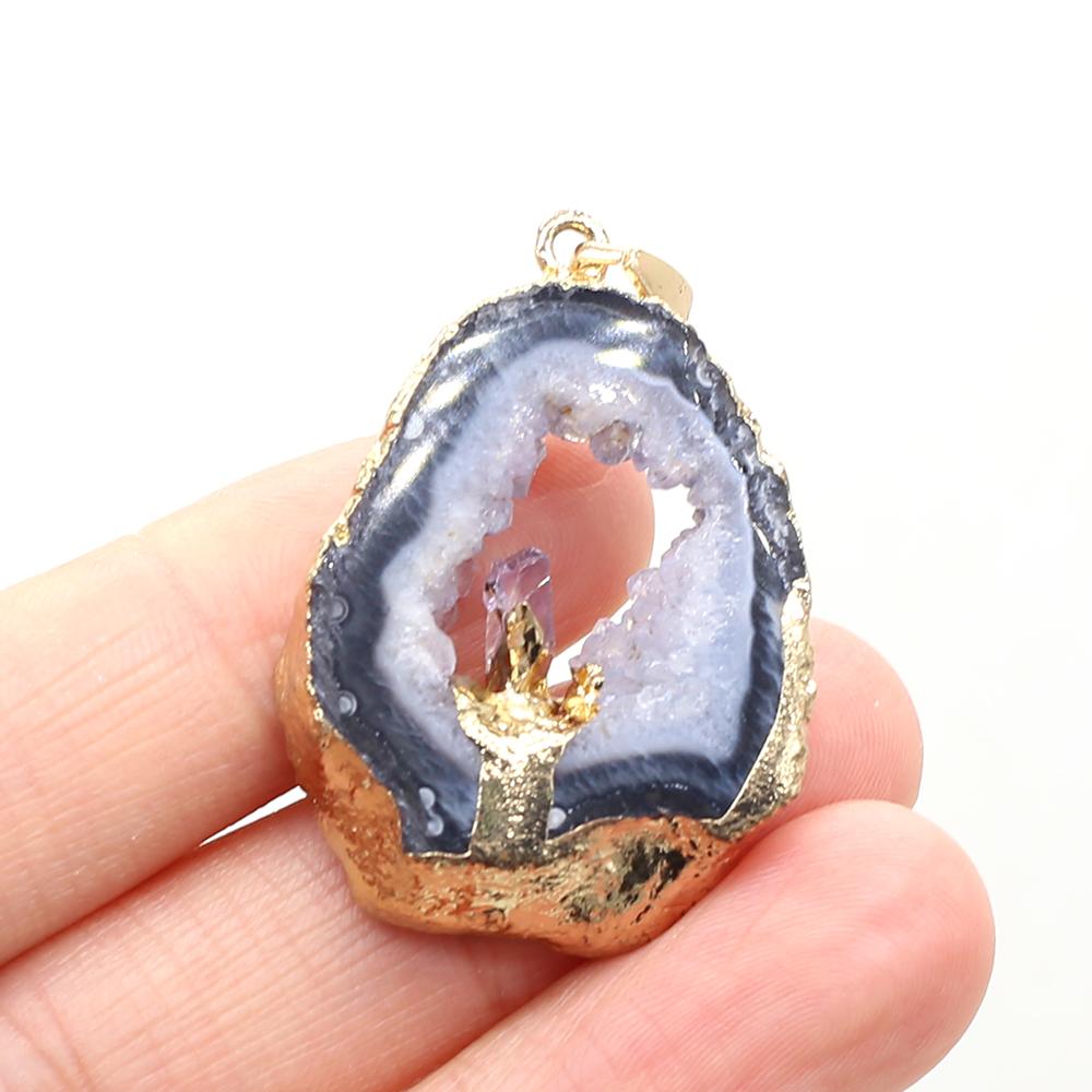 1Pc Energy Natural Agates Pendants with Amethyst, Fashion Handmade Irregular Druze Charms for Jewelry Making DIY Accessories Fit Necklaces Craft Gift