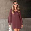 Women Autumn Winter Lantern Sleeve Solid Color Loose Knitted Sweater One Piece Dress