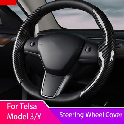 Для Tesla Model 3 Model Y 2017-2023 Замшевый чехол на руль из углеродного волокна, нескользящий наконечник, украшение интерьера