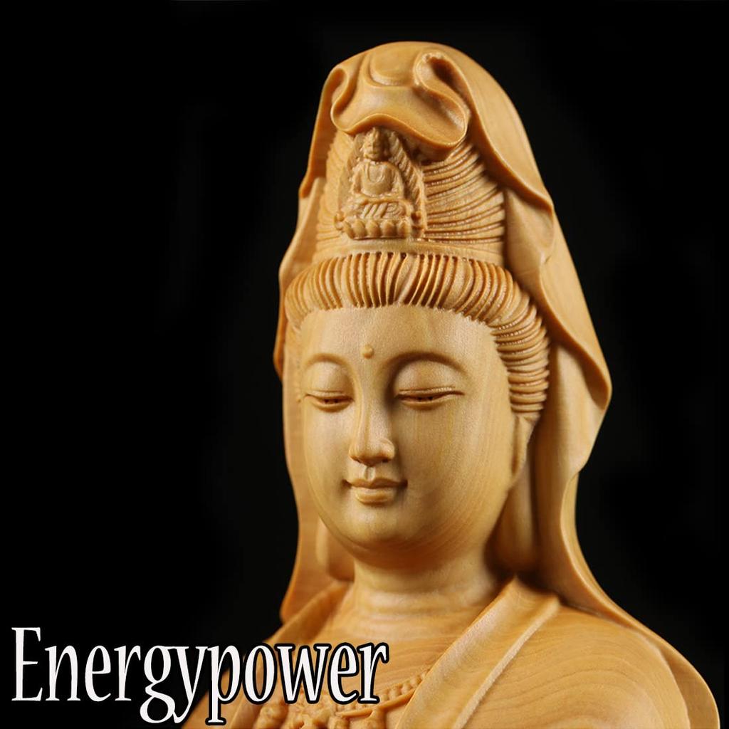 EnergyPower Wood Carving Kannon Bodhisattva Statue, Finely Crafted, High-Grade, Made from Natural Boxwood, Buddhist Art, Boxwood, Kannon Bodhisattva,