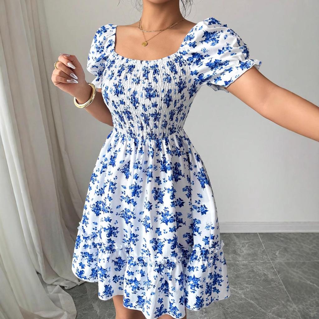 Новое платье-тубус на бретельках, платье на талии, для отпуска, богемное, с рукавами-пузырями, в цветочек, Европа и Америка