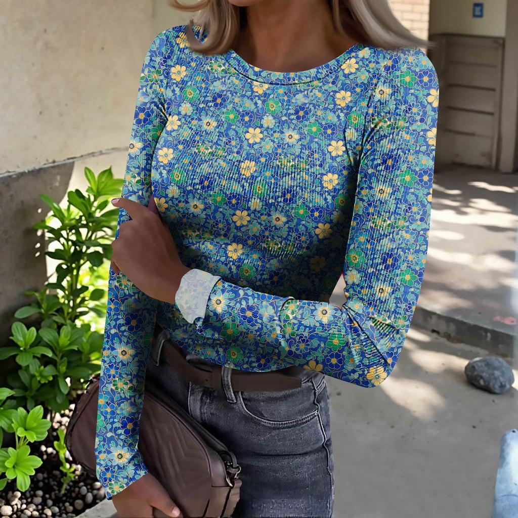 Женская футболка с облегающим низом, модная повседневная с градиентным принтом, пуловер с круглым вырезом и длинными рукавами