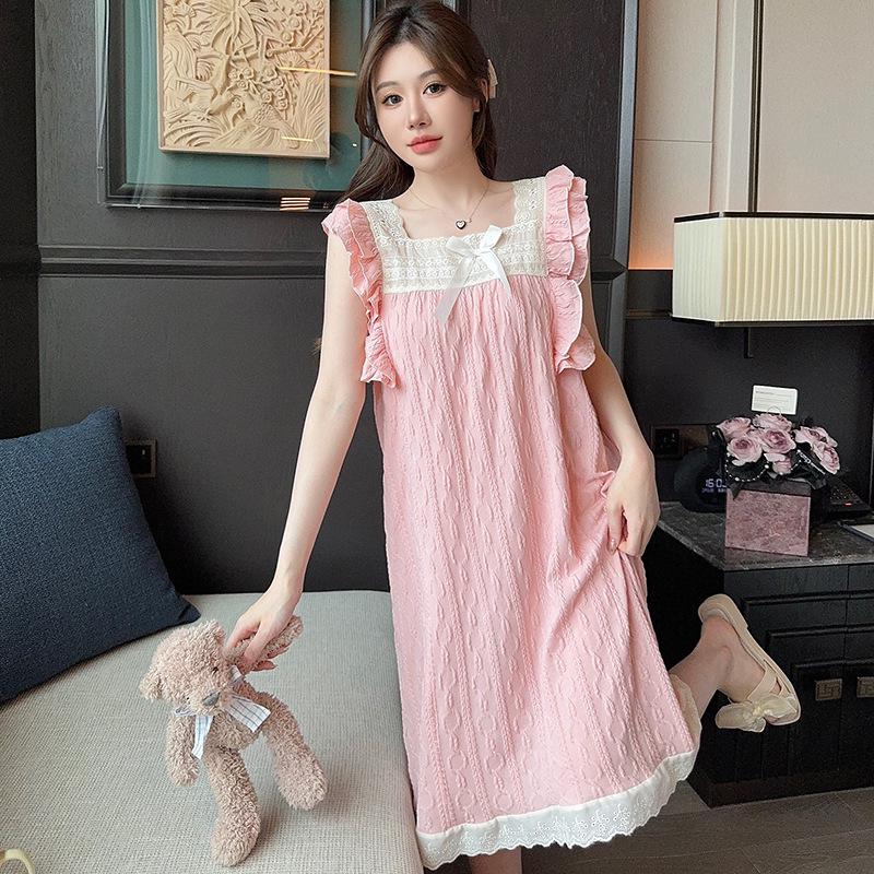 Милая женская летняя ночная рубашка с милыми рукавами-грибками, стиль «принцесса», средней длины и свободного кроя, подходит для ношения в помещении и на улице.