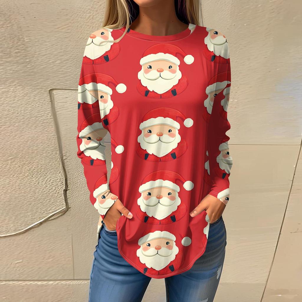 Футболки для женщин, повседневные рубашки с длинным рукавом, толстовка с винтажным графическим рождественским принтом, топ-пуловер