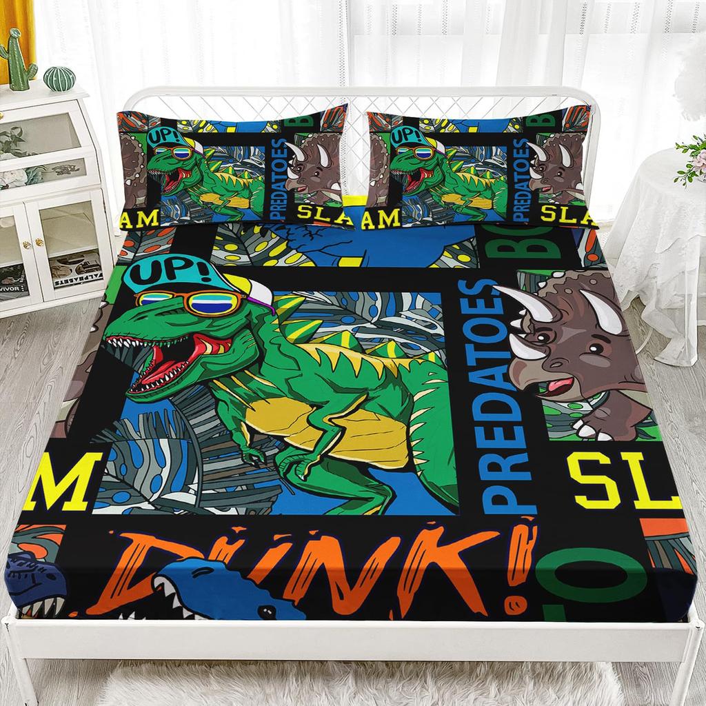 Многоцветный мультяшный узор с динозаврами, шапка на кровать из трех частей, цифровая печать, милый узор, постельный комплект