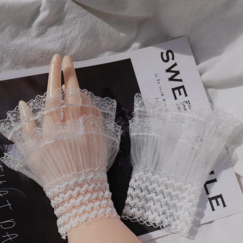 White Romantic Fake Sleeves DIY Detachable Cuffs Elastic Wrist Pleated Organ Lolita Ruffle Arm Sleeves Cuff Extension