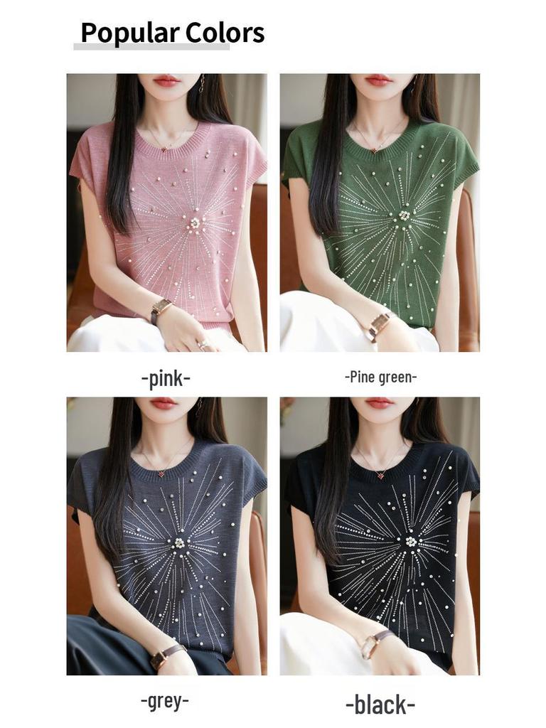 Женская летняя футболка из бамбукового льна с бисером и круглым вырезом