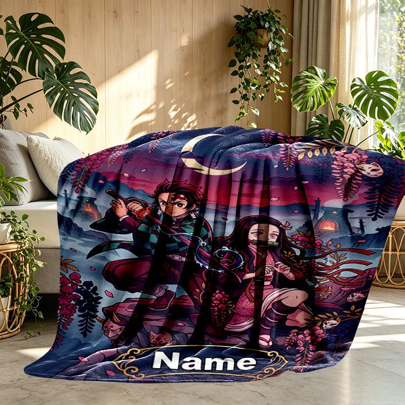 Custom Name Personalized Demon Slayer Print Blanket, Home Decor, Bedroom, Sofa, Camping, Couch, Gifts for Birthday Christmas