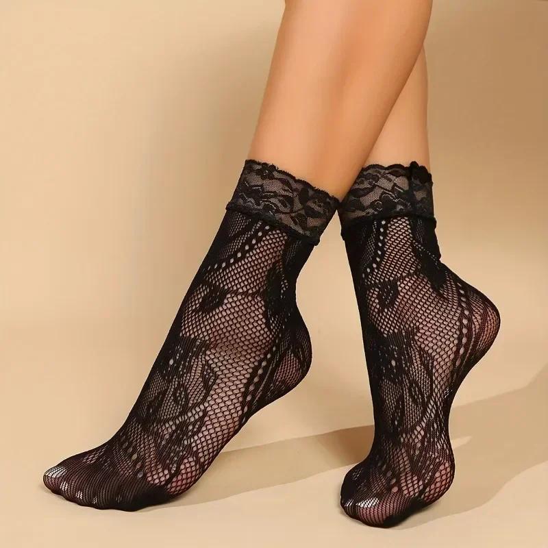5 пар цветочных кружевных носков, тонкие дышащие короткие носки, летние сетчатые женские чулки в стиле Лолиты с рыболовной сеткой, чулочно-носочные изделия