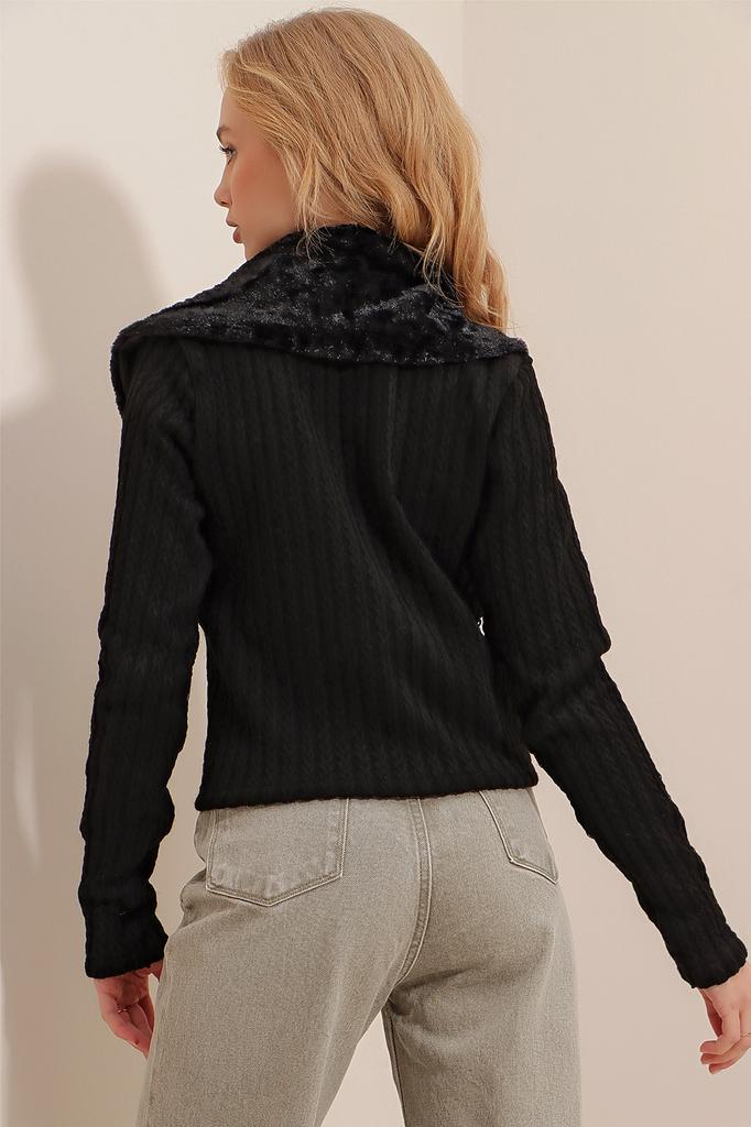 Женский кардиган, новый сезон, модный черный воротник с меховым детальным ажурным трикотажем, укороченный кардиган