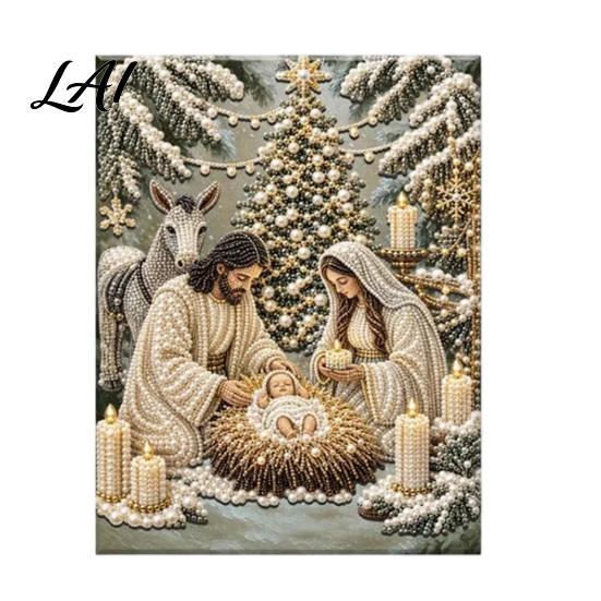 Holiday Gift Ideas for Family Nativity Faux Pearl Art Kit Holy Painting DIY Catholic Prayer Corner Decorations 3D Religious Craft Set Adults