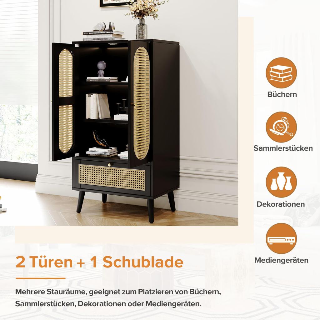 Kommode 2 Türen 1 Schubladen, Modern Highboard Küchenschrank aus Holz Rattan Türen, Schlafzimmer & Wohnräume & Büro, Schwarz, 60 x 40 x 110,5 cm