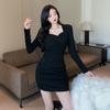 Сексуальное черное мини-платье с оборками, женское зимнее винтажное платье с длинным рукавом, нестандартный дизайн, высокая талия, повседневное вечернее платье, новое