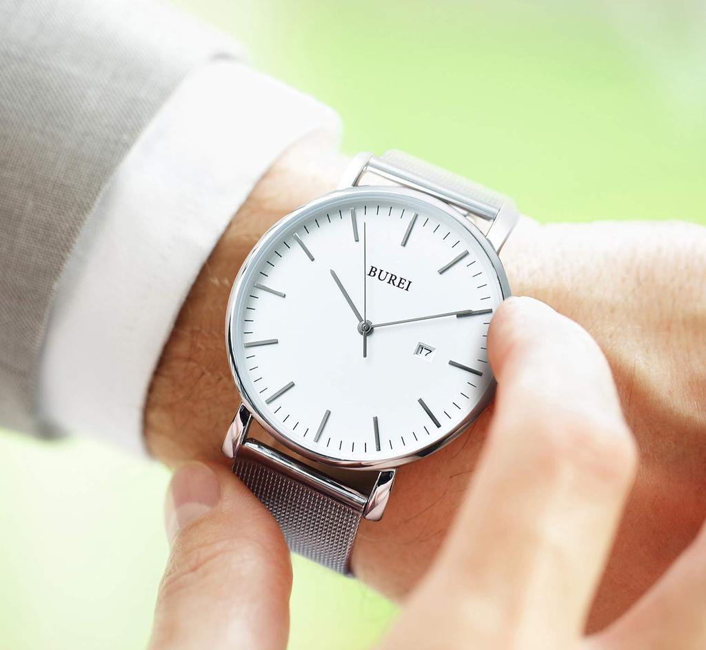 BUREI Men's Stylish Waterproof Analog Wristwatch Silver Milanese Mesh Band Business Date