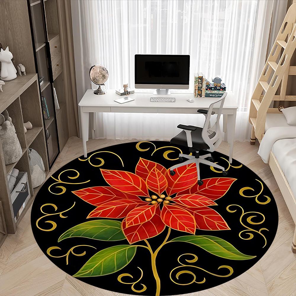 1pc Poinsettia Flower Chair Carpet for Office, Round Non-Slip Durable Large Size Office Carpet, Suitable for Office, Beautiful Decoration