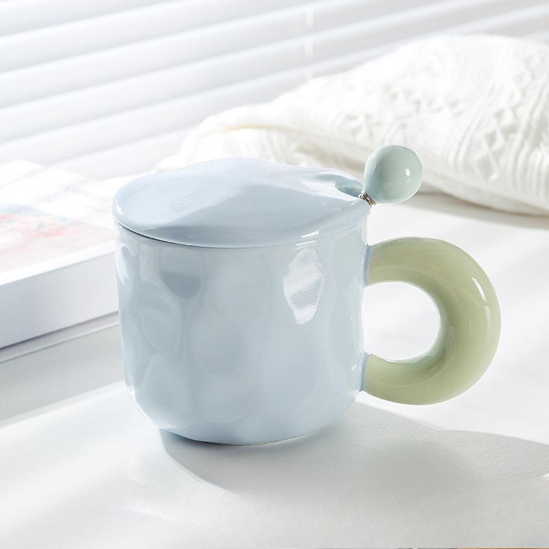 High Value Couple Cup with Lid Spoon Contrasting Color Hand Pinch Pattern Big Ear Ceramic Cup Office Home Coffee