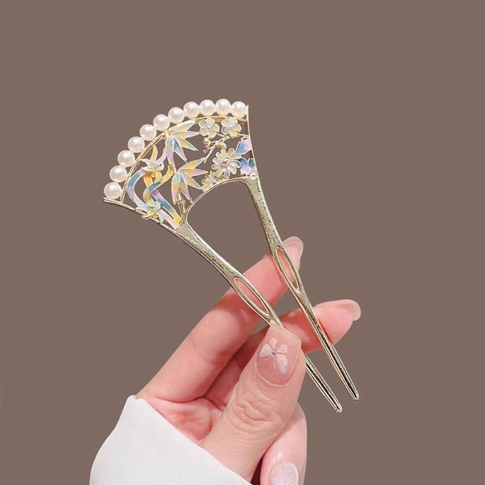 1pc Chinese Metal Hair Pin U Shaped Hair Sticks Fork Pearls Flower Leaf Designs Hairclip Women Hanfu Dress Chignon Jewelry