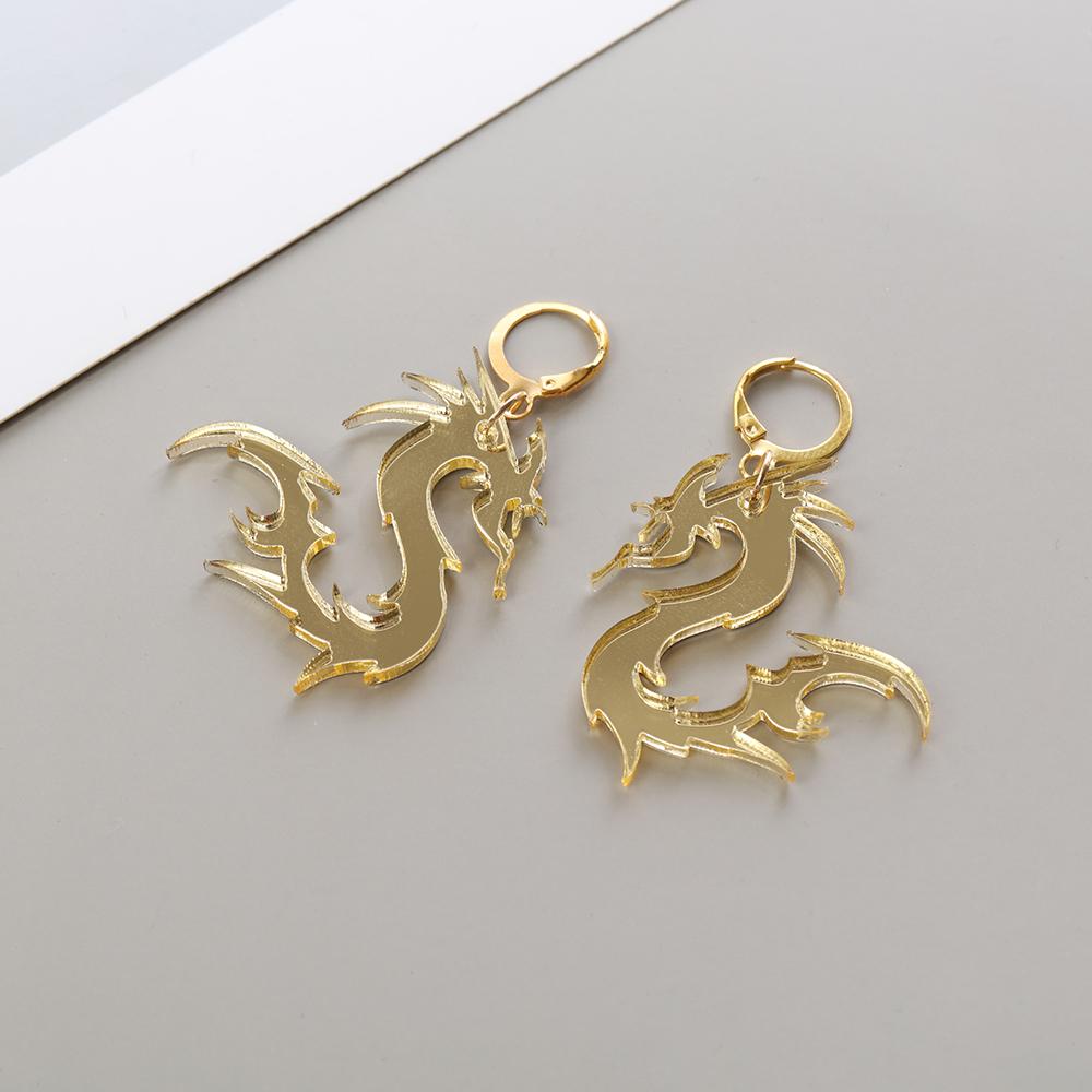 Mirror Surface Streetwear Jewelry Acrylic Totem Darts Hoop Earrings Dragon Pattern Dragon Earrings
