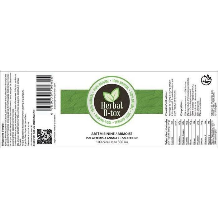 Complément Alimentaire Herbal D-tox Artémisinine ~ Armoise (Artemisia Annua L) 95% + Ferrine 5%, 100 gélules x 500 mg