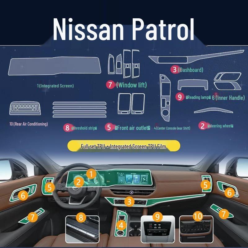 Комплект защиты интерьера Nissan Terra: Пленка из ТПУ для навигации, рычага переключения передач, экрана, B-стойки, фар.