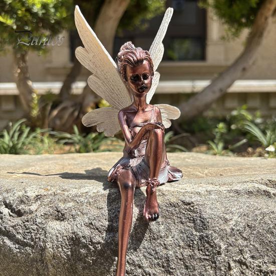 Скульптура из смолы «Цветочная фея», фигурка сидящей феи, украшение для сада, крылатая статуя феи для внутреннего рабочего стола, дворового искусства