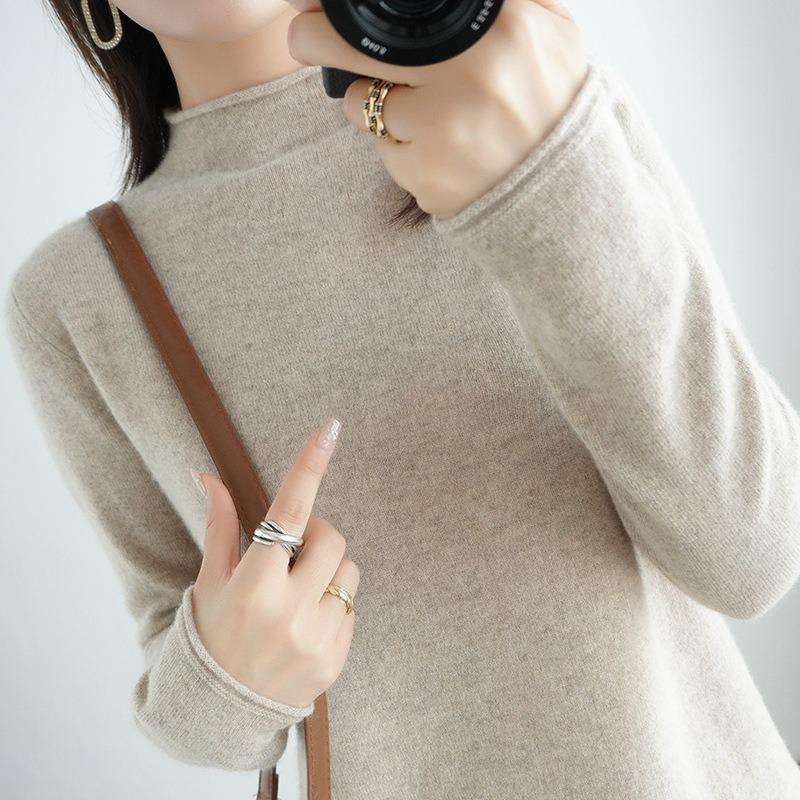 Осенне-зимний женский свитер из чистой шерсти, пуловер с полувысоким закругленным краем, свитер с длинными рукавами, тонкий трикотаж