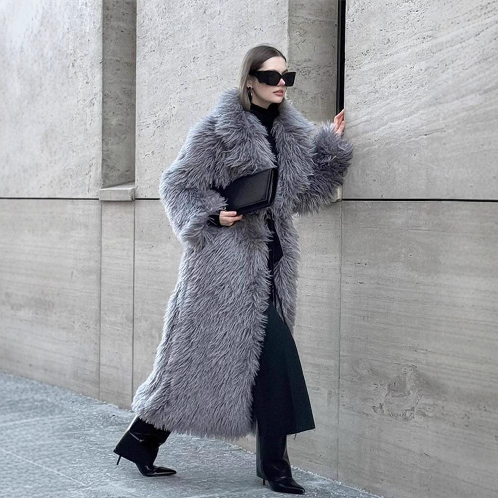 Long imitation fur coat long hair artificial fur winter warm European and American lapel collar high-end coat