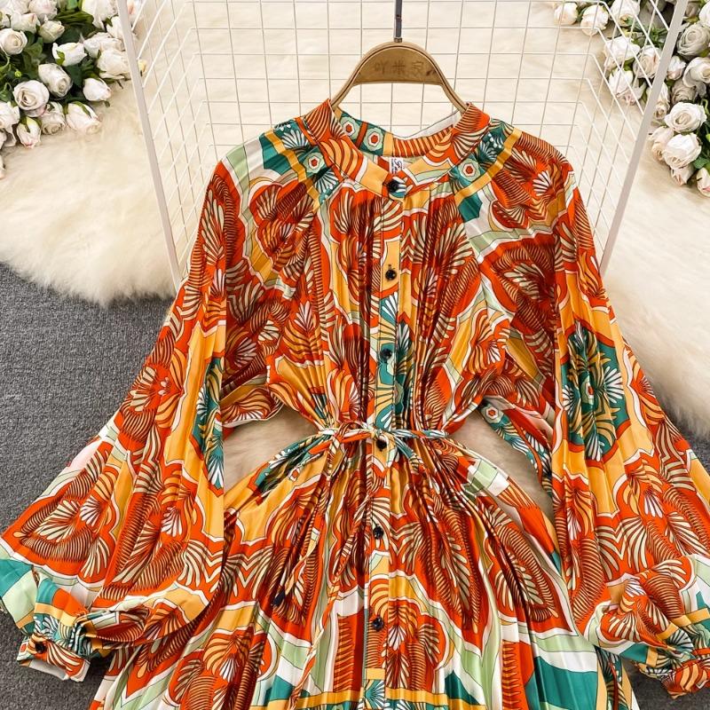 Платья Temperament Lantern Длинные рукава Круглый вырез Тонкий однобортный принтованное платье Элегантные винтажные шикарные женские платья