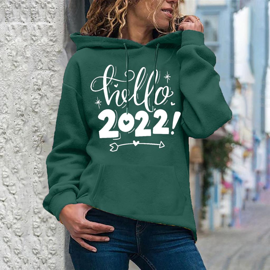Women's Fashion Casual New Year Print Hooded Sweatshirt Loose Sports Pullover