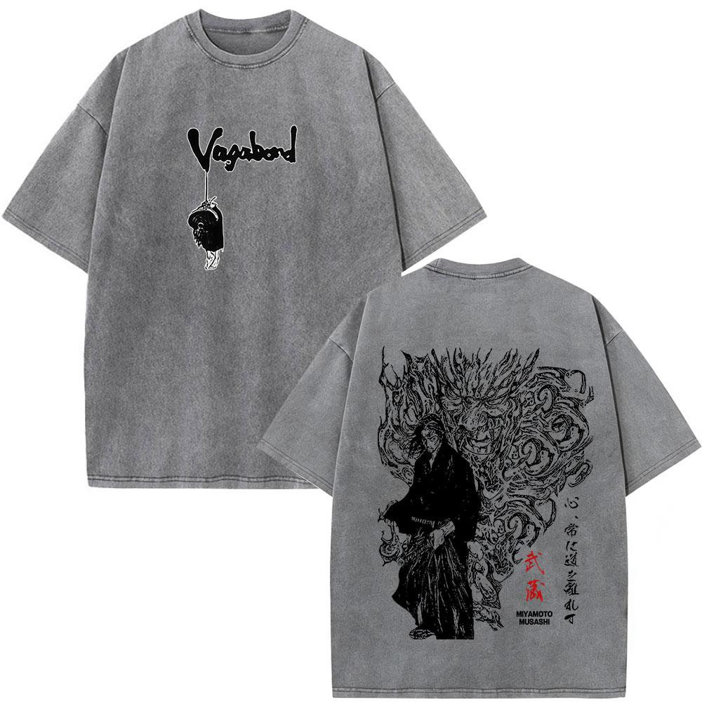 Vintage Washed Anime Vagabond Miyamoto Musashi Manga Tshirts Men Women Clothing Casual Cotton Short Sleeve Oversized T Shirts