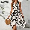 Summer Women's Dress Long Sleeveless Midi Leaf Printed Twist Irregular Dresses