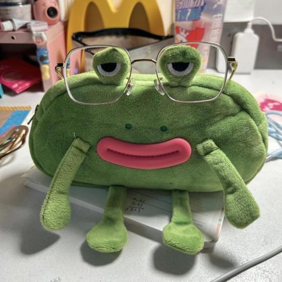 Пенал Лягушка в очках Дизайн Плюшевый Тканевый Пенал Большое Отверстие на Молнии Органайзер для Канцелярских Принадлежностей